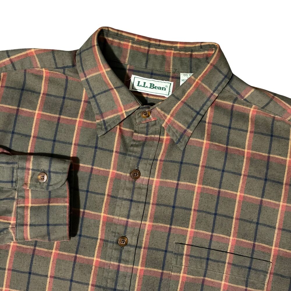 LL Bean Shirt Mens Large Tall Green Plaid Long Sleeve Button Up Preppy Autumn